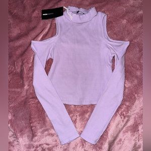 lavender cold shoulder rubbed long sleeve top